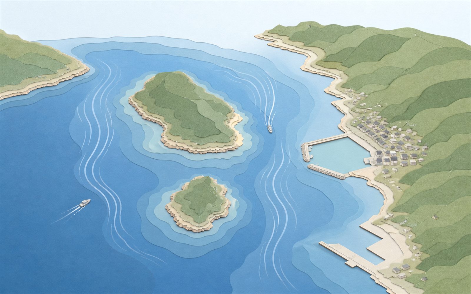 加太・紀淡海峡の海域イメージ。沖に友ヶ島の2島、右手に加太港、水道を潮の筋が抜ける